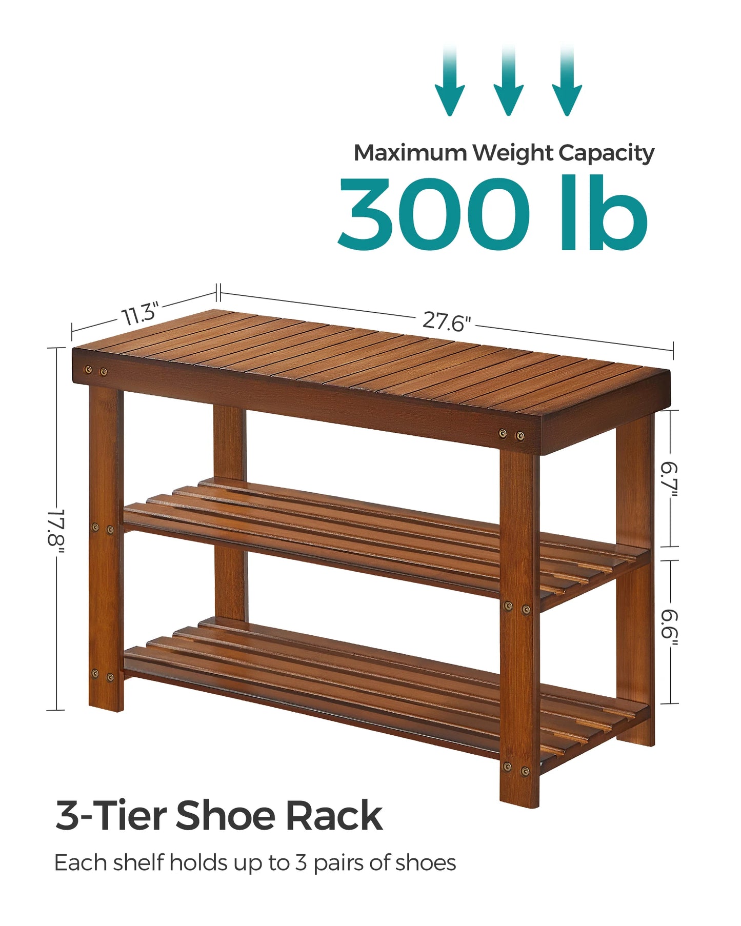 SONGMICS Shoe Rack Bench, 3-Tier Bamboo Shoe Storage Organizer, Entryway Bench, Holds Up to 286 lb, 11.3 x 27.6 x 17.8 Inches