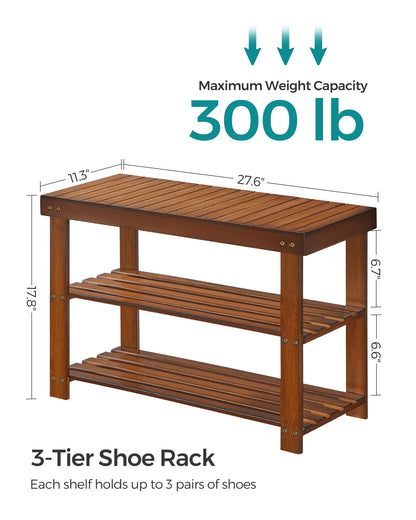 SONGMICS Shoe Rack Bench, 3-Tier Bamboo Shoe Storage Organizer, Entryway Bench, Holds Up to 286 lb, 11.3 x 27.6 x 17.8 Inches