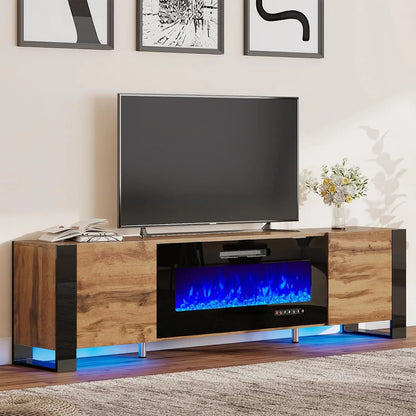 TV Stand with 36" Fireplace, 70" Modern High Gloss Entertainment Center LED Lights, TV Console Cabinet for TVs Up To 80", Black