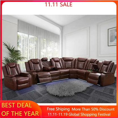 Recliner, Power Recliner Sofa Sectional Couches with LED Light, Leather Reclining Corner Sectional Sofa Set with 3 Recliner Seat