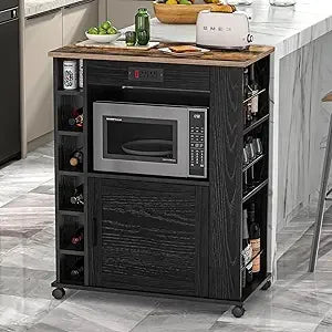 Rolling Kitchen Island Cart with Large Storage, Microwave Stand, Open Shelves, Wine Rack, Power Outlet, Bar Cabinet for Dining