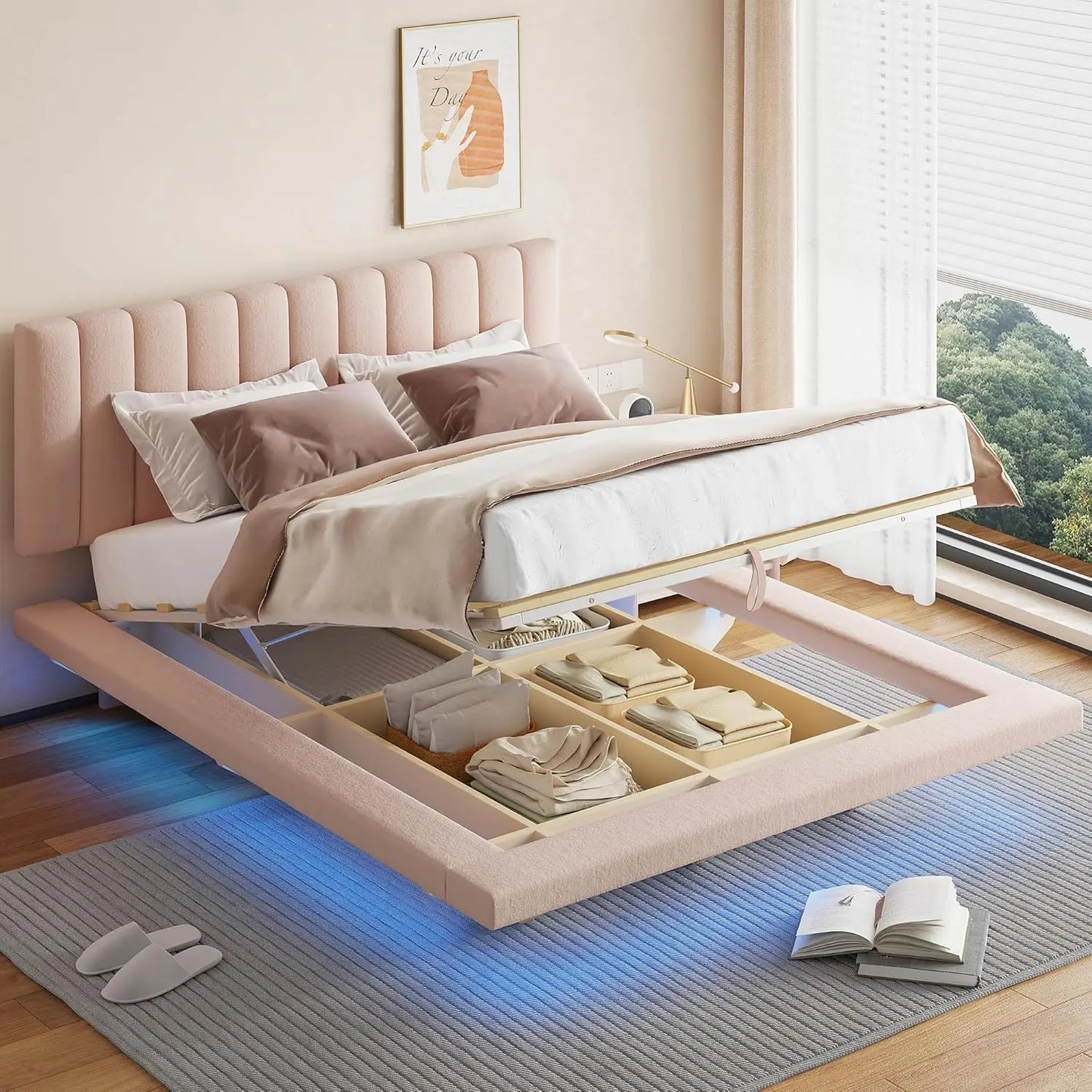 Queen Size Lift Up Storage Platform Bed, Velvet Upholstered Hydraulic Floating Bed Frame With Led Light And Usb Port, Pink