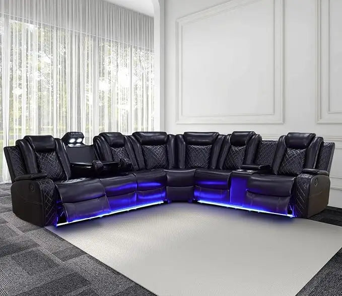 Recliner, Power Recliner Sofa Sectional Couches with LED Light, Leather Reclining Corner Sectional Sofa Set with 3 Recliner Seat