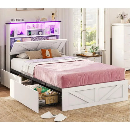 Bed Frame Twin Size with Bookcase Storage Headboard, Charging Station and LED Lights, Wooden Twin Bed Frames with 4 Drawers