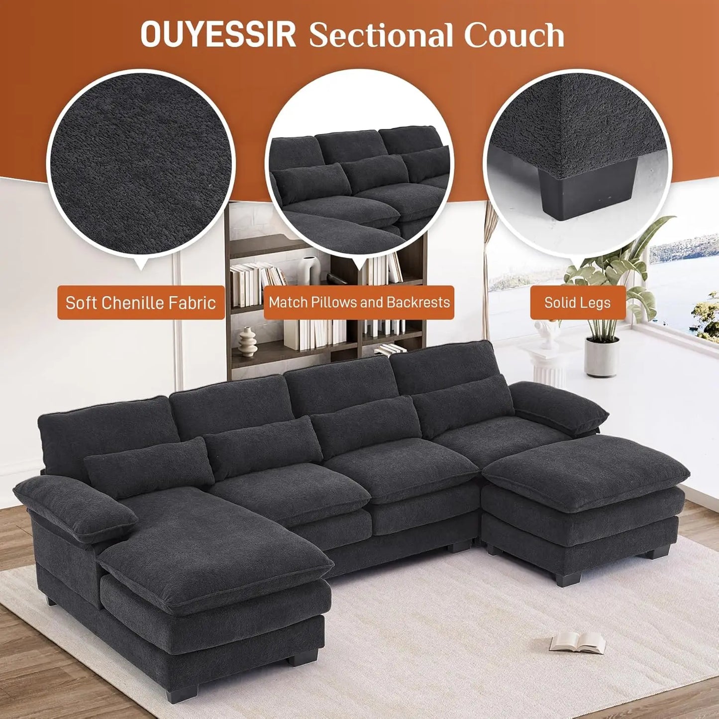 U Shape Sectional Sofa Cloud Couch for Living Room, Upholstery Comfy Modular Sofa, 4 Seat Chenille L-Shaped Sleeper Sofa with