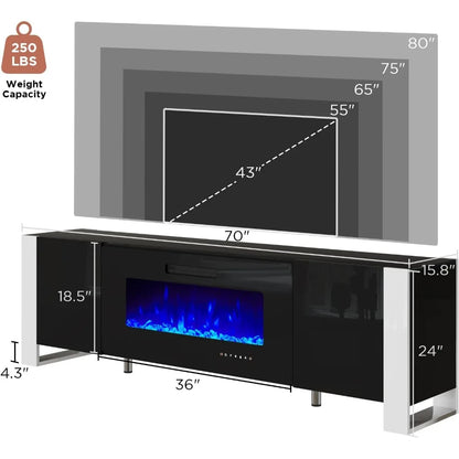 TV Stand with 36" Fireplace, 70" Modern High Gloss Entertainment Center LED Lights, TV Console Cabinet for TVs Up To 80", Black