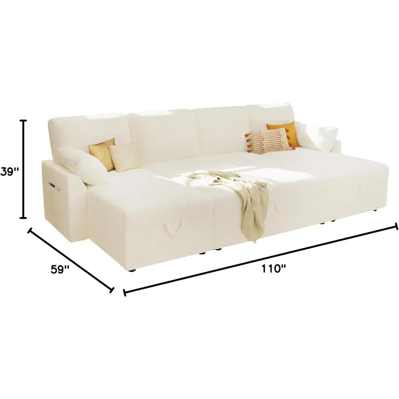 Sleeper Sofa, 110 inch Oversize - 2 in 1 Pull Out Bed, Sectional Sleeper Sofa with Double Storage Chaise for Living Room