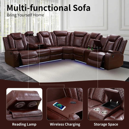 Recliner, Power Recliner Sofa Sectional Couches with LED Light, Leather Reclining Corner Sectional Sofa Set with 3 Recliner Seat