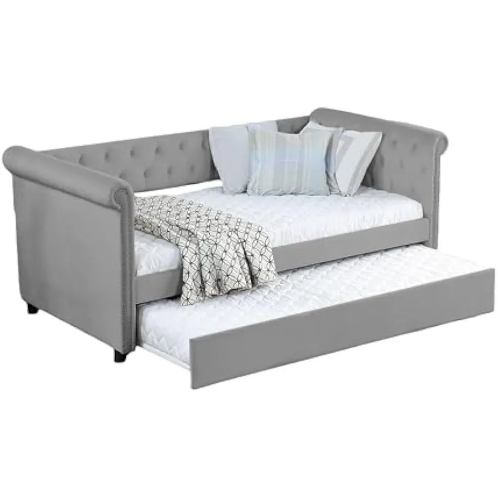 Upholstered Twin Daybed with Trundle and Tufted Button Daybed Frame for Living Room, Bedroom, Guest Room