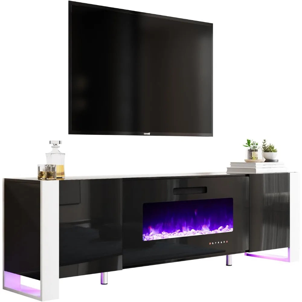 TV Stand with 36" Fireplace, 70" Modern High Gloss Entertainment Center LED Lights, TV Console Cabinet for TVs Up To 80", Black