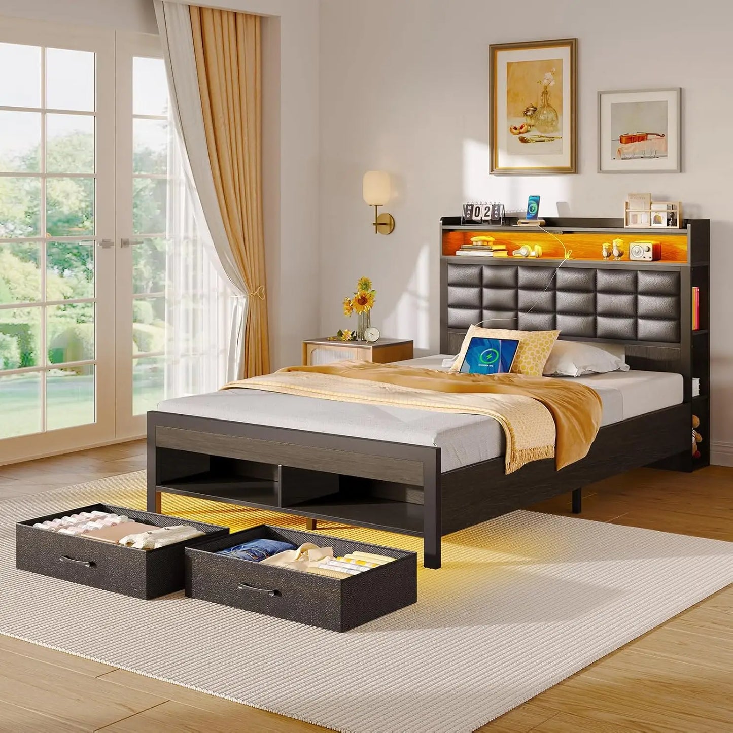 Bed Frame Twin Size with Storage Headboard and 2 Drawers, Upholstered Platform Bed with Charging Station and LED Light, Heavy Du