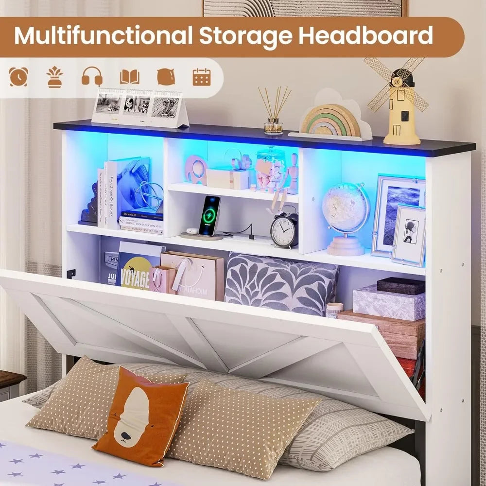 Bed Frame Twin Size with Bookcase Storage Headboard, Charging Station and LED Lights, Wooden Twin Bed Frames with 4 Drawers