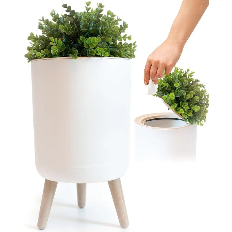 Small Bathroom Trash Can with Lid, Small Bathroom Garbage Can with Plant Style Lid, 1.8 Gallon, White, Perfect