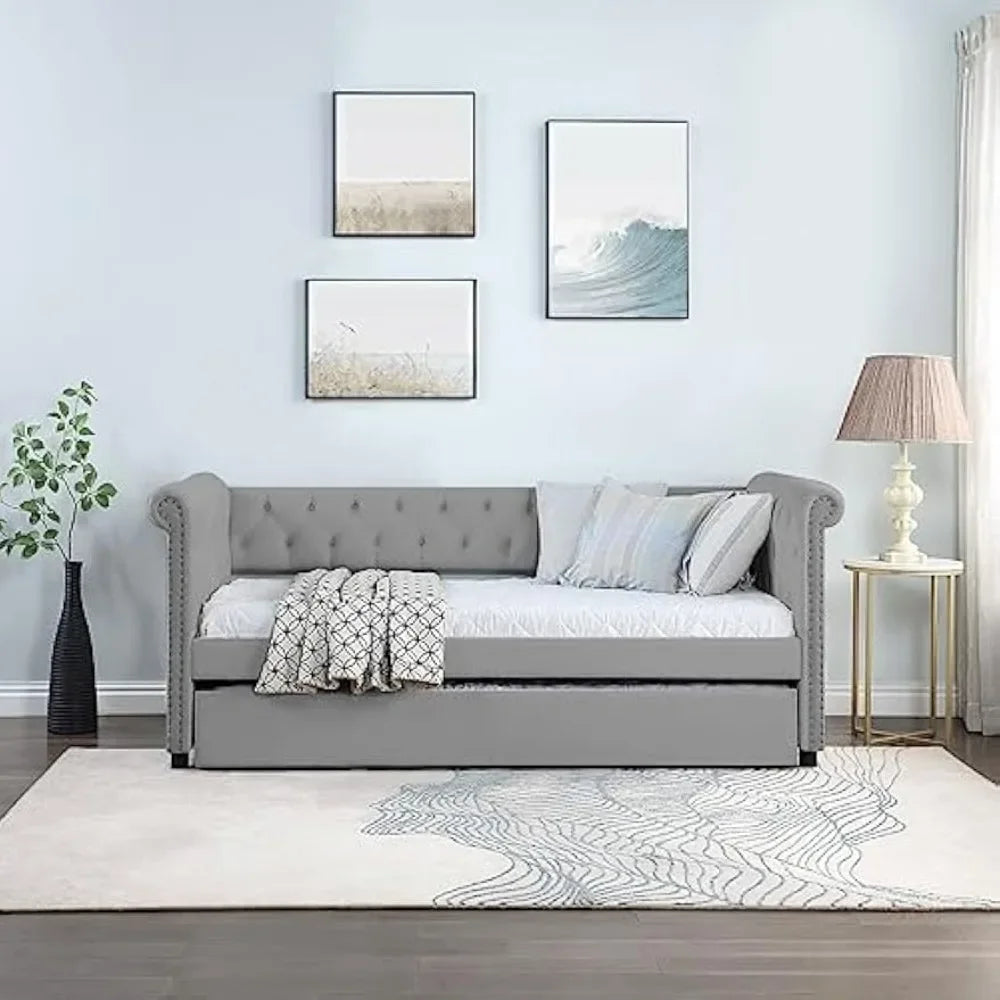 Upholstered Twin Daybed with Trundle and Tufted Button Daybed Frame for Living Room, Bedroom, Guest Room