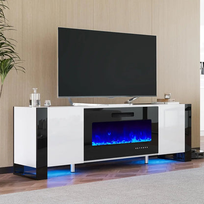 TV Stand with 36" Fireplace, 70" Modern High Gloss Entertainment Center LED Lights, TV Console Cabinet for TVs Up To 80", Black