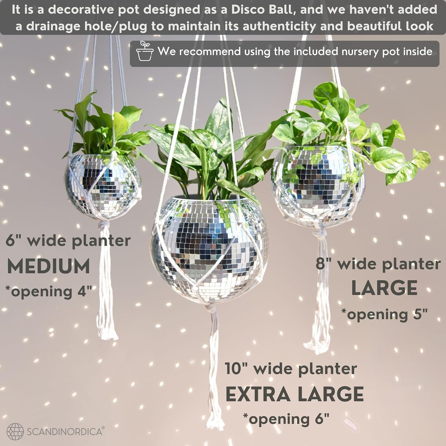 Disco Ball Planter – Value Package: Disco Planter with Chain, Macrame Hanger and Acrylic Stand for Desk, Self Watering Insert, Disco Ball Plant Hanger | 6 Inch Silver