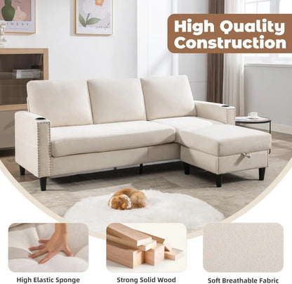 Convertible Sectional Couches for Living Room, L-Shaped Couch 3 Seats Sofas with Storage Chaise  2 Cup Holders, Small Sofa