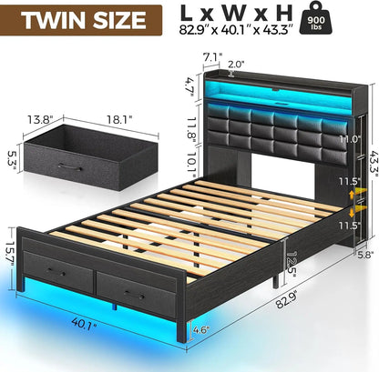 Bed Frame Twin Size with Storage Headboard and 2 Drawers, Upholstered Platform Bed with Charging Station and LED Light, Heavy Du