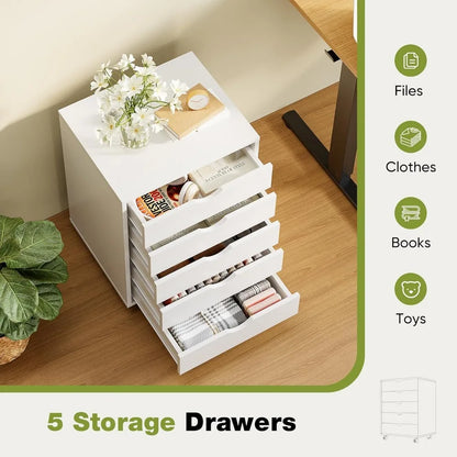 5 Drawer Chest Mobile Storage Cabinets Small Wooden Dresser with Wheels Room Organization Furniture for Office Home