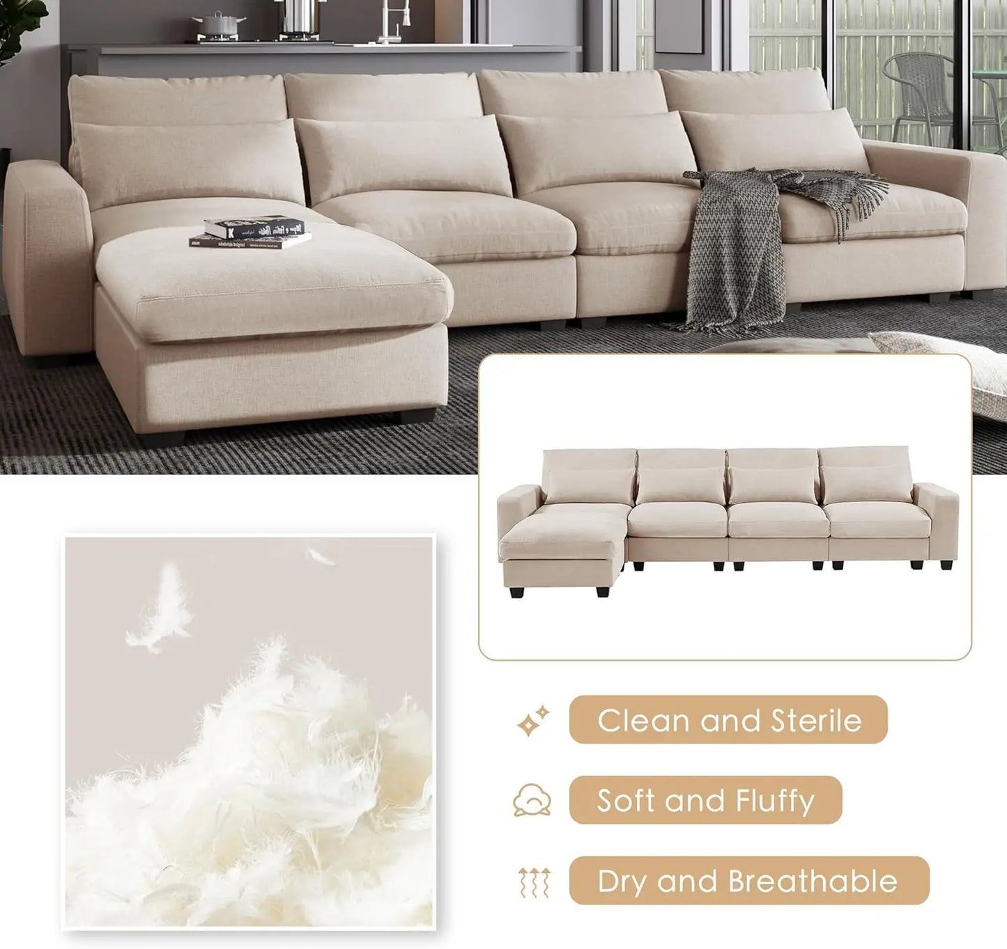 Modular L Shaped Sectional Living Room Sofa Set,Convertible Sofa Couch with Reversible Chaise for Living Room,Beige