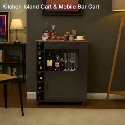 Rolling Kitchen Island Cart with Large Storage, Microwave Stand, Open Shelves, Wine Rack, Power Outlet, Bar Cabinet for Dining