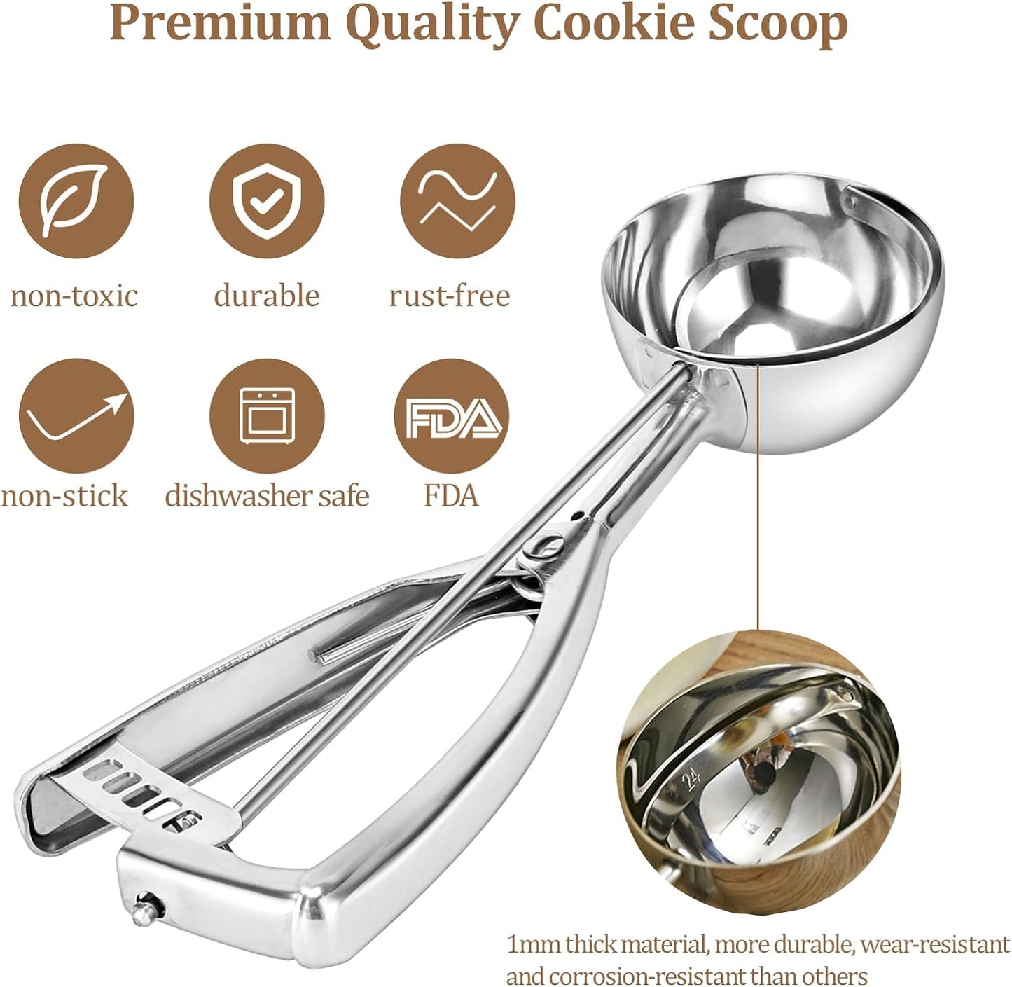 Cookie Scoop Set of 3 - Ice Cream Scoop with Trigger Include 1.5 Tbsp / 2.8 Tbsp / 5.4 Tbsp - 18/8 Stainless Steel Heavy Duty Cookie Dough Scoop for Baking Melon Baller Meatball Cupcake Muffin