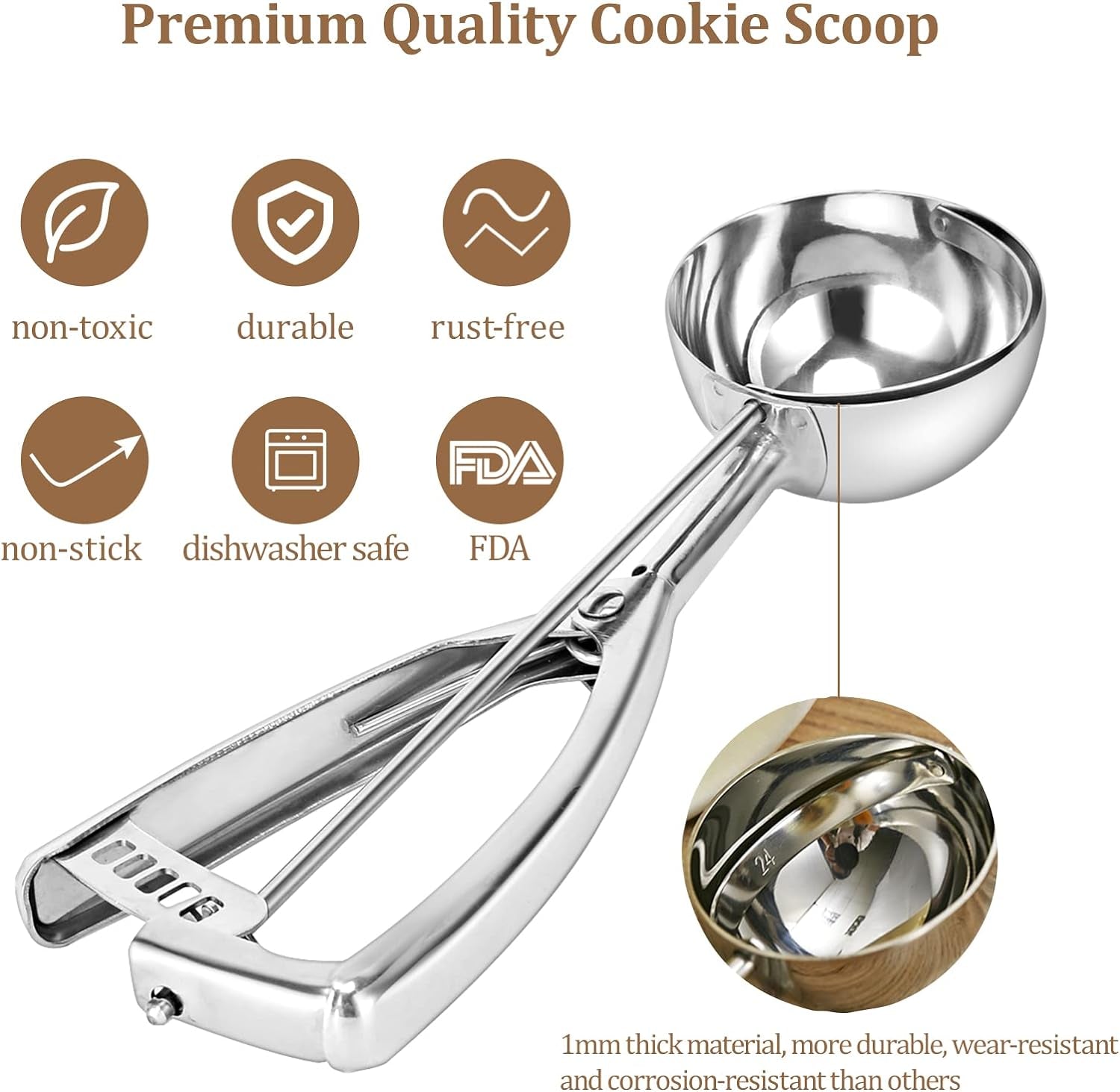 Cookie Scoop Set of 3 - Ice Cream Scoop with Trigger Include 1.5 Tbsp / 2.8 Tbsp / 5.4 Tbsp - 18/8 Stainless Steel Heavy Duty Cookie Dough Scoop for Baking Melon Baller Meatball Cupcake Muffin