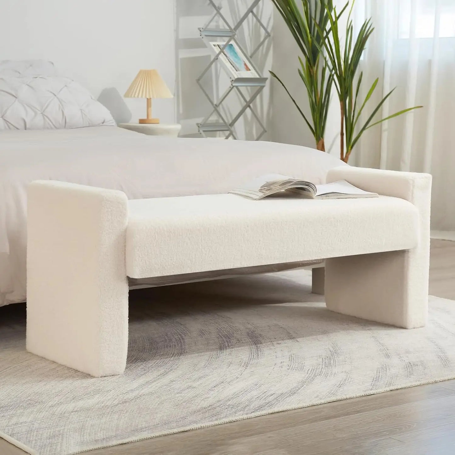 Modern Bedroom Bench Upholstered Fabric Bench Large Teddy Footrest Accent Bench Wood Frame and Foam Filled