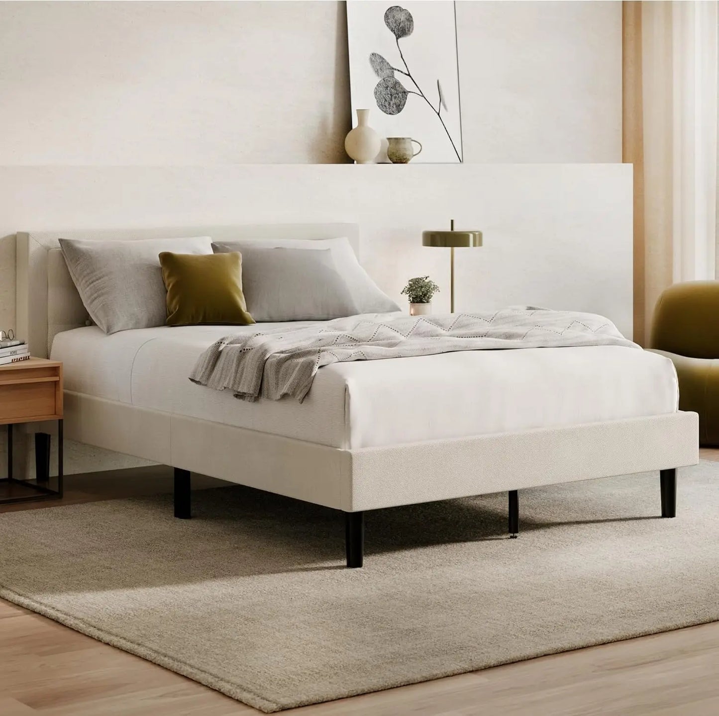 bed.Bed Frame & Headboard - Gray Queen -8 Inch Legs and Sturdy Wooden Slats for Support Contemporary and Durable Upholstery