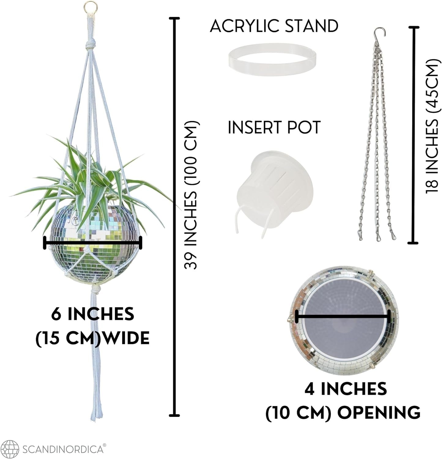 Disco Ball Planter – Value Package: Disco Planter with Chain, Macrame Hanger and Acrylic Stand for Desk, Self Watering Insert, Disco Ball Plant Hanger | 6 Inch Silver