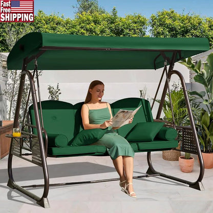 3 in 1 Adjustable Canopy Outdoor Porch Swing 3 Seat Chair with Thick Cushions Pillows Heavy Duty Comfortable Patio Glider