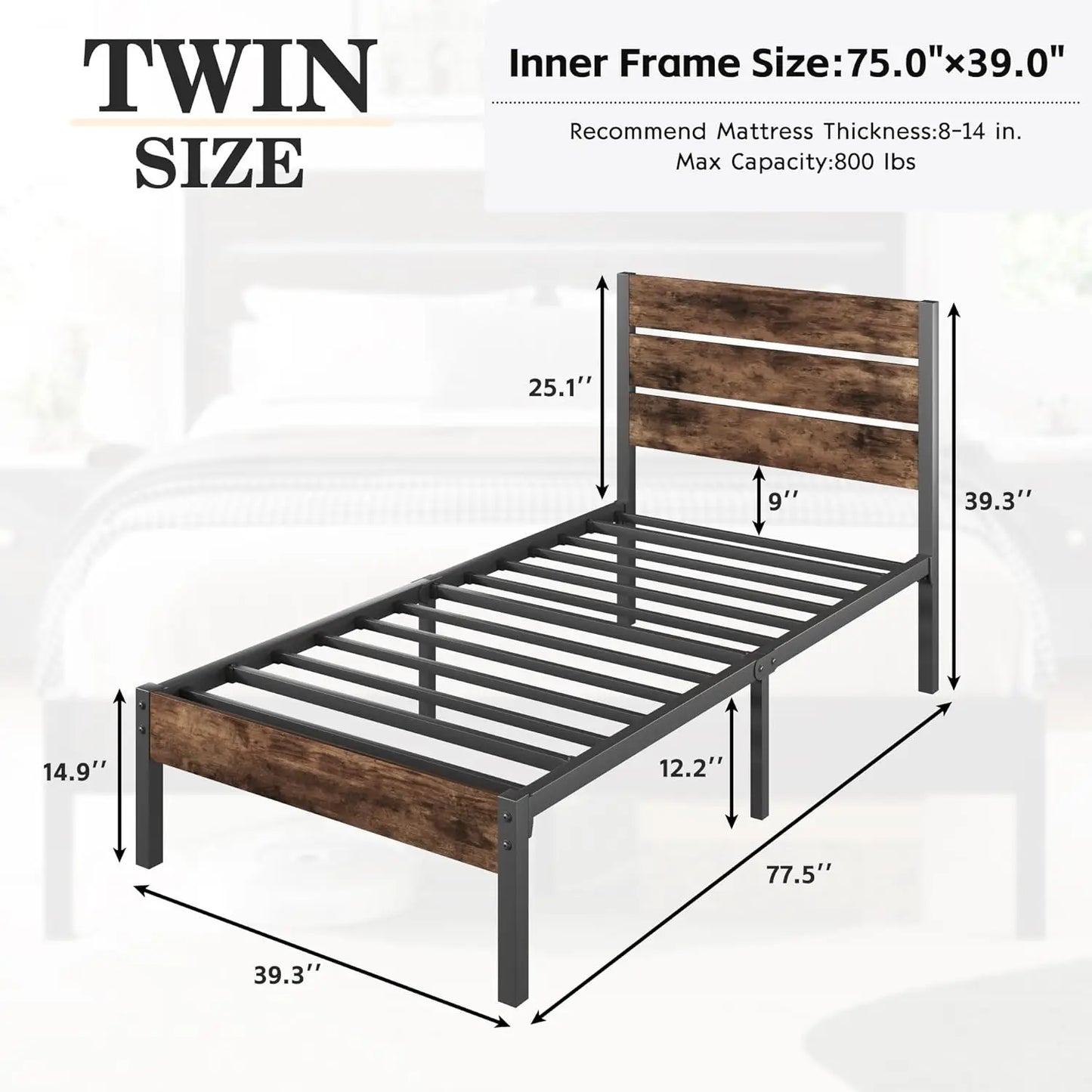 Twin Bed Frame with Headboard and Footboard,Metal Bed Frame with Under-Bed Storage,All-Metal Support System,No Box Spring Needed