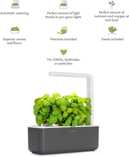 Indoor Herb Garden Kit with Grow Light | Smart Garden for Home Kitchen Windowsill | Easier than Hydroponics Growing System | Vegetable Gardening Starter (3 Basil Pods Included), Grey