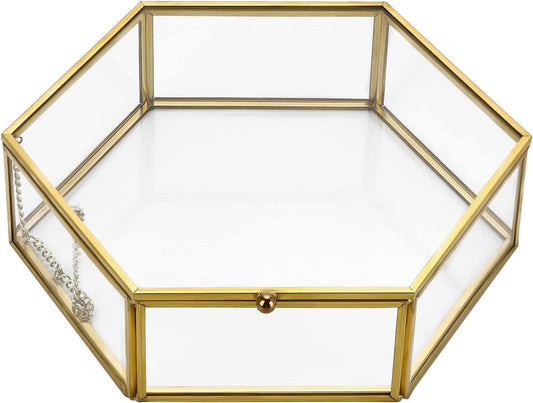 Gold Glass Box Jewelry Box Hexagonal Large Jewelry Display Organizer Vintage Wedding Card Box Keepsake Gift Box Home Decorative Box Trinket Box Case for Ring Bracelet Earrings Necklace Storage