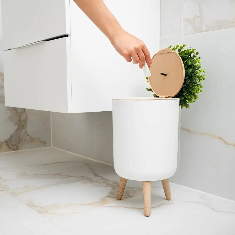 Small Bathroom Trash Can with Lid, Small Bathroom Garbage Can with Plant Style Lid, 1.8 Gallon, White, Perfect