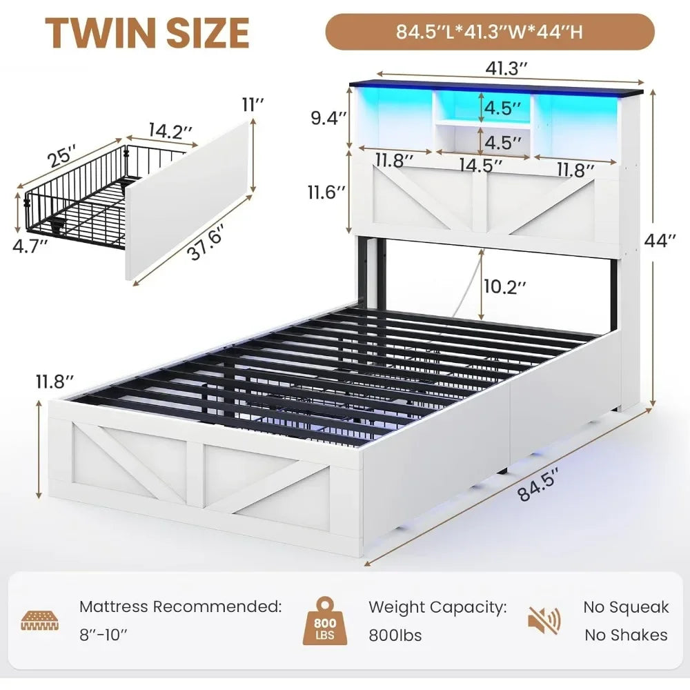 Bed Frame Twin Size with Bookcase Storage Headboard, Charging Station and LED Lights, Wooden Twin Bed Frames with 4 Drawers