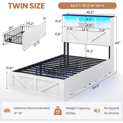 Bed Frame Twin Size with Bookcase Storage Headboard, Charging Station and LED Lights, Wooden Twin Bed Frames with 4 Drawers