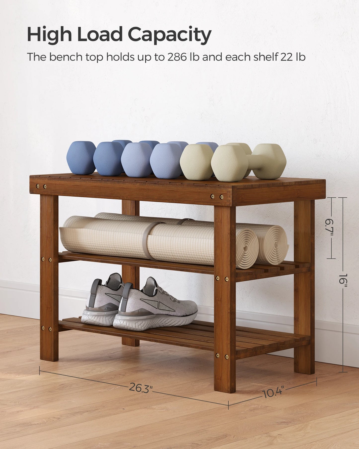 SONGMICS Shoe Rack Bench, 3-Tier Bamboo Shoe Storage Organizer, Entryway Bench, Holds Up to 286 lb, 11.3 x 27.6 x 17.8 Inches