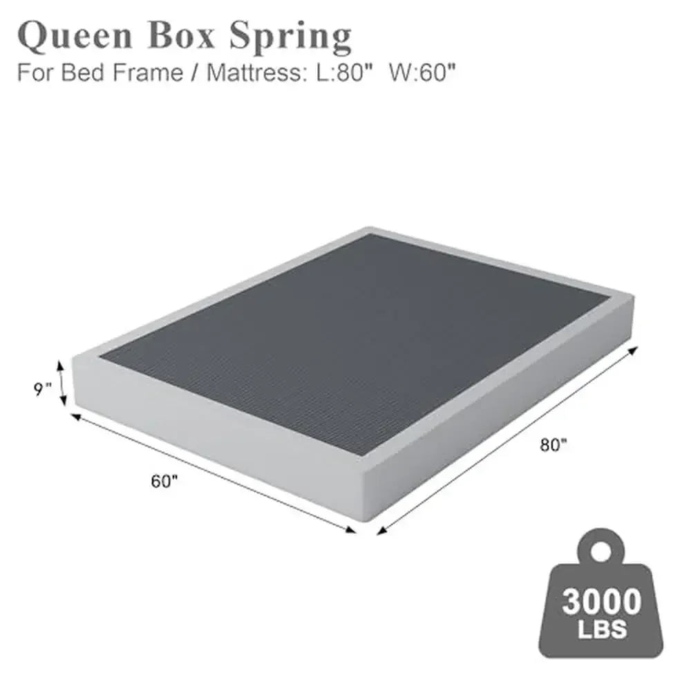 Queen Bed Box Spring Heavy Duty Metal Mattress Foundation Fabric Cover Noise-Free Easy Assembly 9 Inch 3000 lbs Capacity