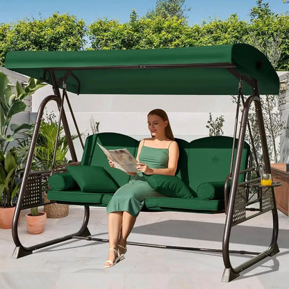 3 in 1 Adjustable Canopy Outdoor Porch Swing 3 Seat Chair with Thick Cushions Pillows Heavy Duty Comfortable Patio Glider