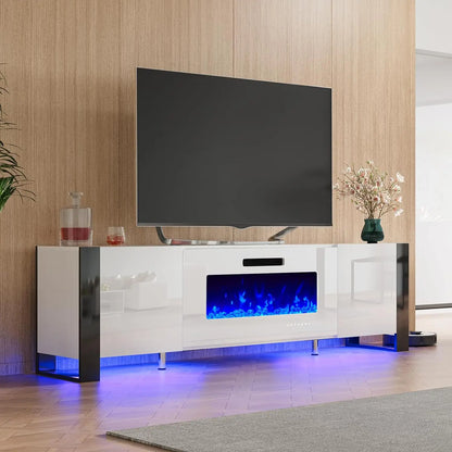 TV Stand with 36" Fireplace, 70" Modern High Gloss Entertainment Center LED Lights, TV Console Cabinet for TVs Up To 80", Black