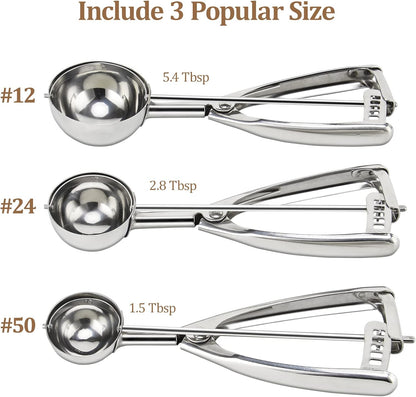 Cookie Scoop Set of 3 - Ice Cream Scoop with Trigger Include 1.5 Tbsp / 2.8 Tbsp / 5.4 Tbsp - 18/8 Stainless Steel Heavy Duty Cookie Dough Scoop for Baking Melon Baller Meatball Cupcake Muffin