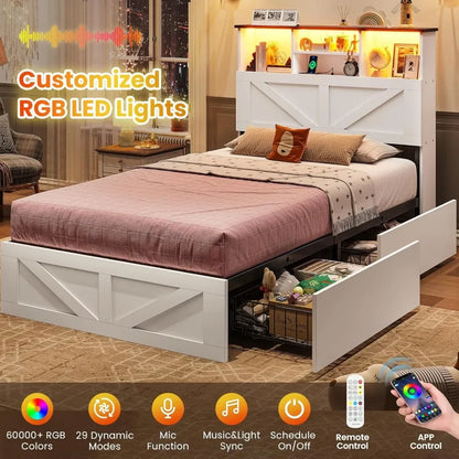 Bed Frame Twin Size with Bookcase Storage Headboard, Charging Station and LED Lights, Wooden Twin Bed Frames with 4 Drawers