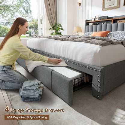 Queen Size Bed Frame with 3 Drawers Upholstered Bed Frame with Headboard, Bed Frame with Storage, No Box Spring Needed, No-Noise