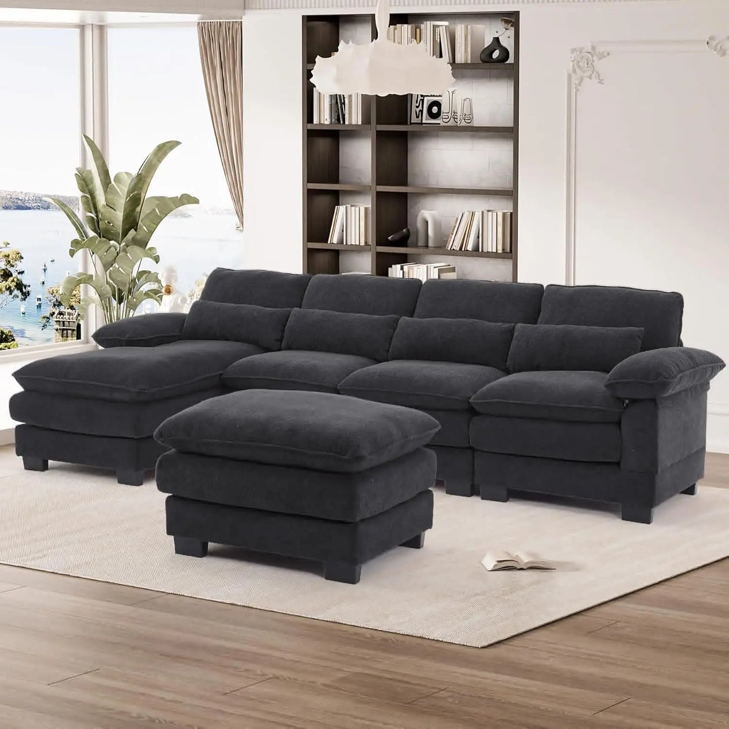 U Shape Sectional Sofa Cloud Couch for Living Room, Upholstery Comfy Modular Sofa, 4 Seat Chenille L-Shaped Sleeper Sofa with