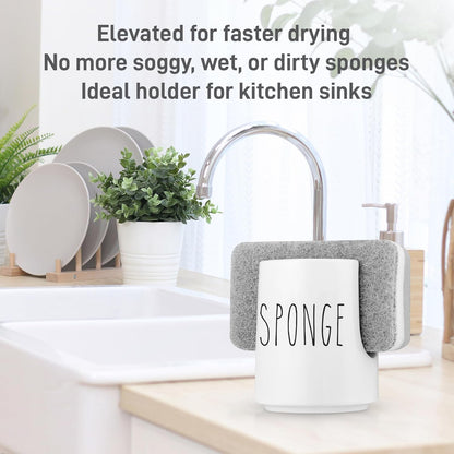 Sponge Holder for Kitchen Sink Counter - Ceramic Dish Sponge Caddy - Farmhouse Sink Organizer - Convenient Kitchen Sponge Holder - White Ceramic Sponge Rack - Sink Counter Accessories