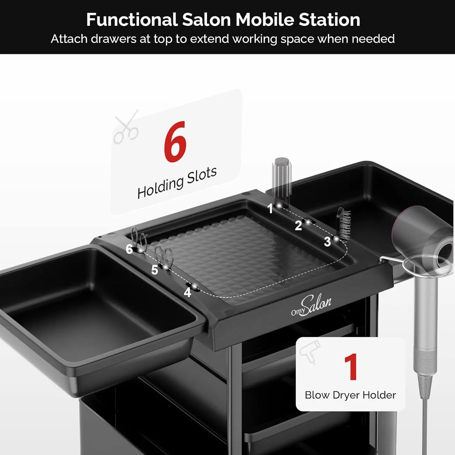 Trolley with 6 Drawers & Dryer Holder, Rolling Hair Cart Organizer, Mobile Storage Station Hairstylist Cart with Wheels for Beau