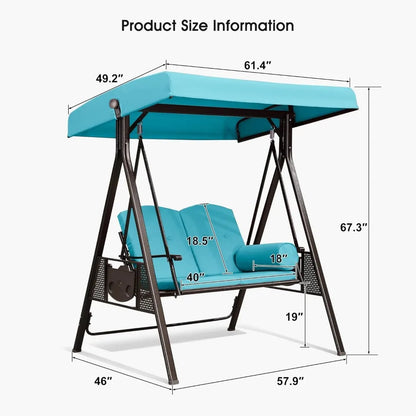 2-Seat Deluxe Outdoor Patio Porch Swing with Weather Resistant Steel Frame, Adjustable Tilt Canopy, Cushions and Pillow Include