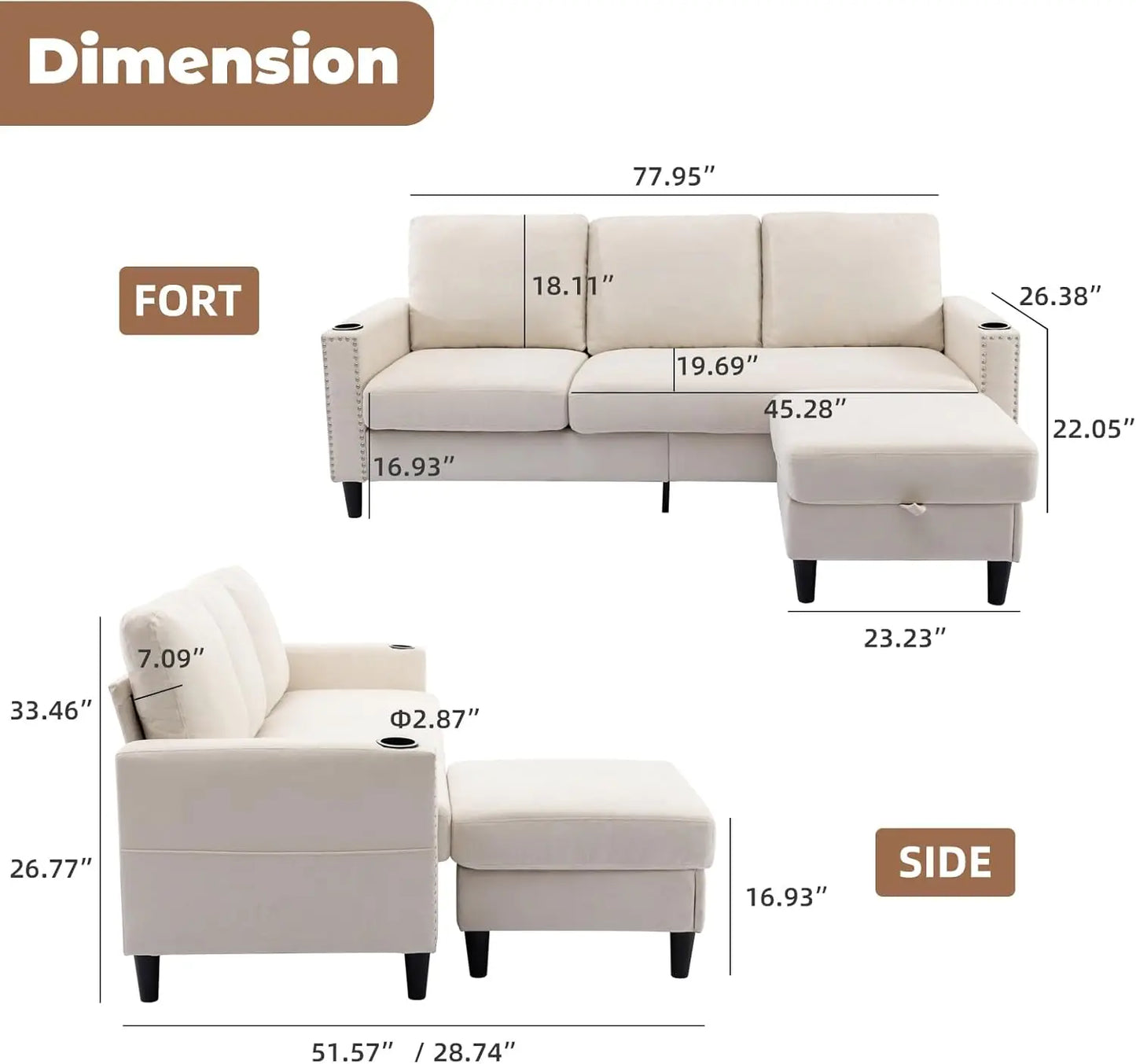 Convertible Sectional Couches for Living Room, L-Shaped Couch 3 Seats Sofas with Storage Chaise  2 Cup Holders, Small Sofa