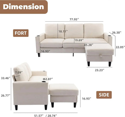 Convertible Sectional Couches for Living Room, L-Shaped Couch 3 Seats Sofas with Storage Chaise  2 Cup Holders, Small Sofa